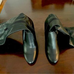 Aldo black thigh high faux leather boots, size 6 1/2.